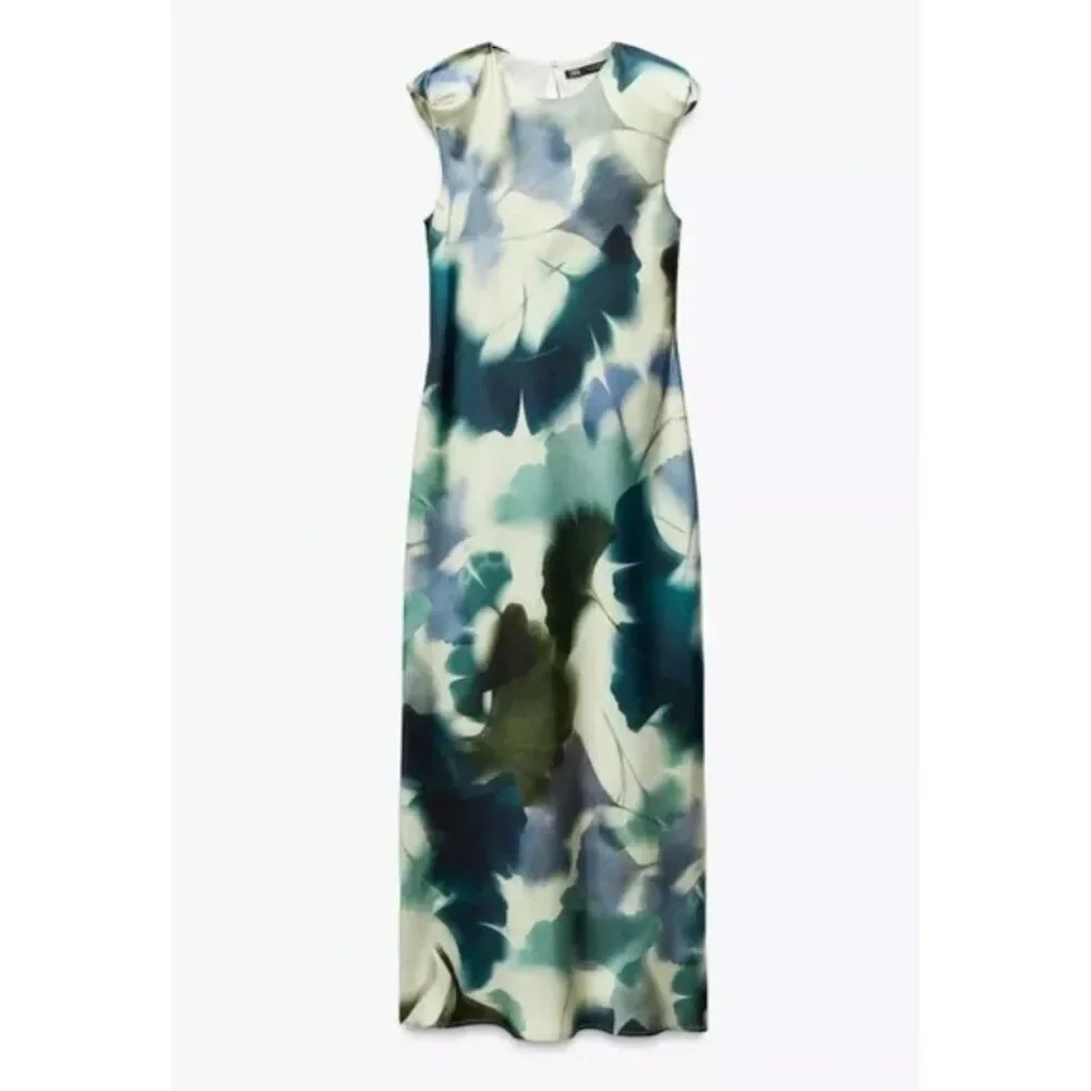 Zara Womens Midi Dress L Green Printed Satin Effect Short Sleeve 2362/119 NWT - Picture 2 of 15